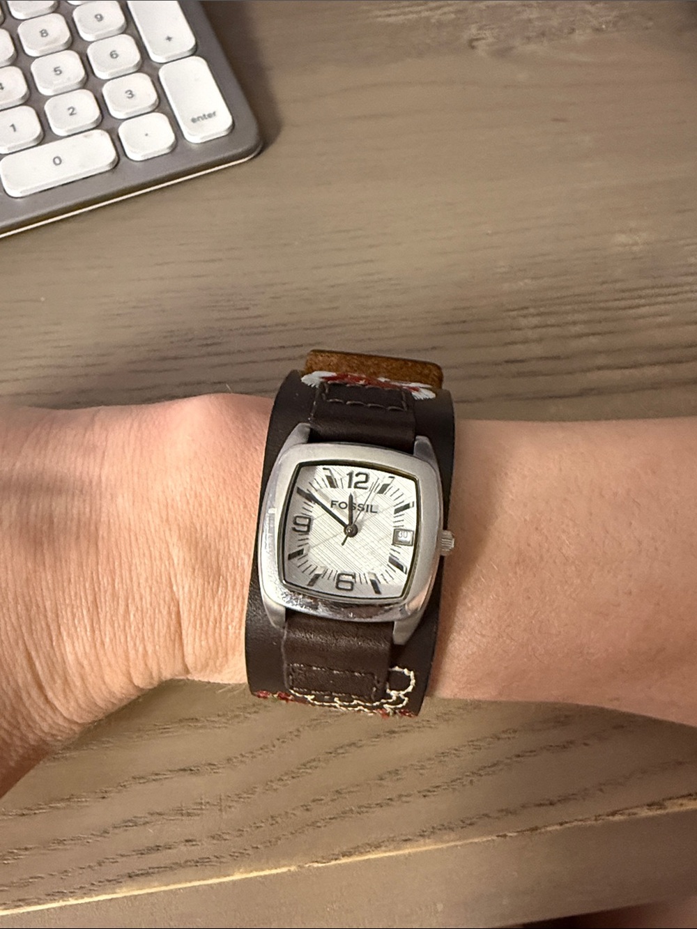 Embroidered Brown Leather Cuff Watch Band with Floral Detail - Picture 6 of 6